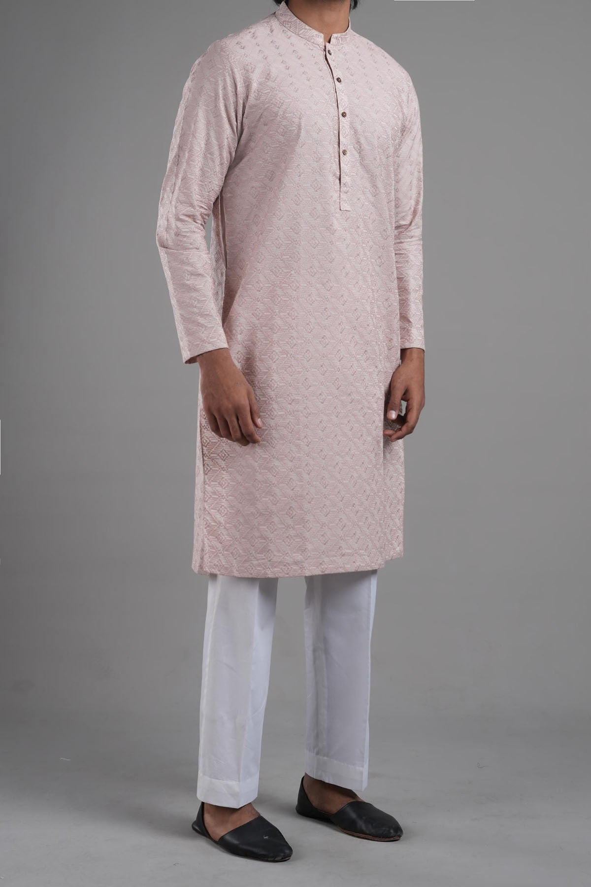 Dusty Pink Embroidered Egyptian Cotton Kurta (2-Piece) - Image 3