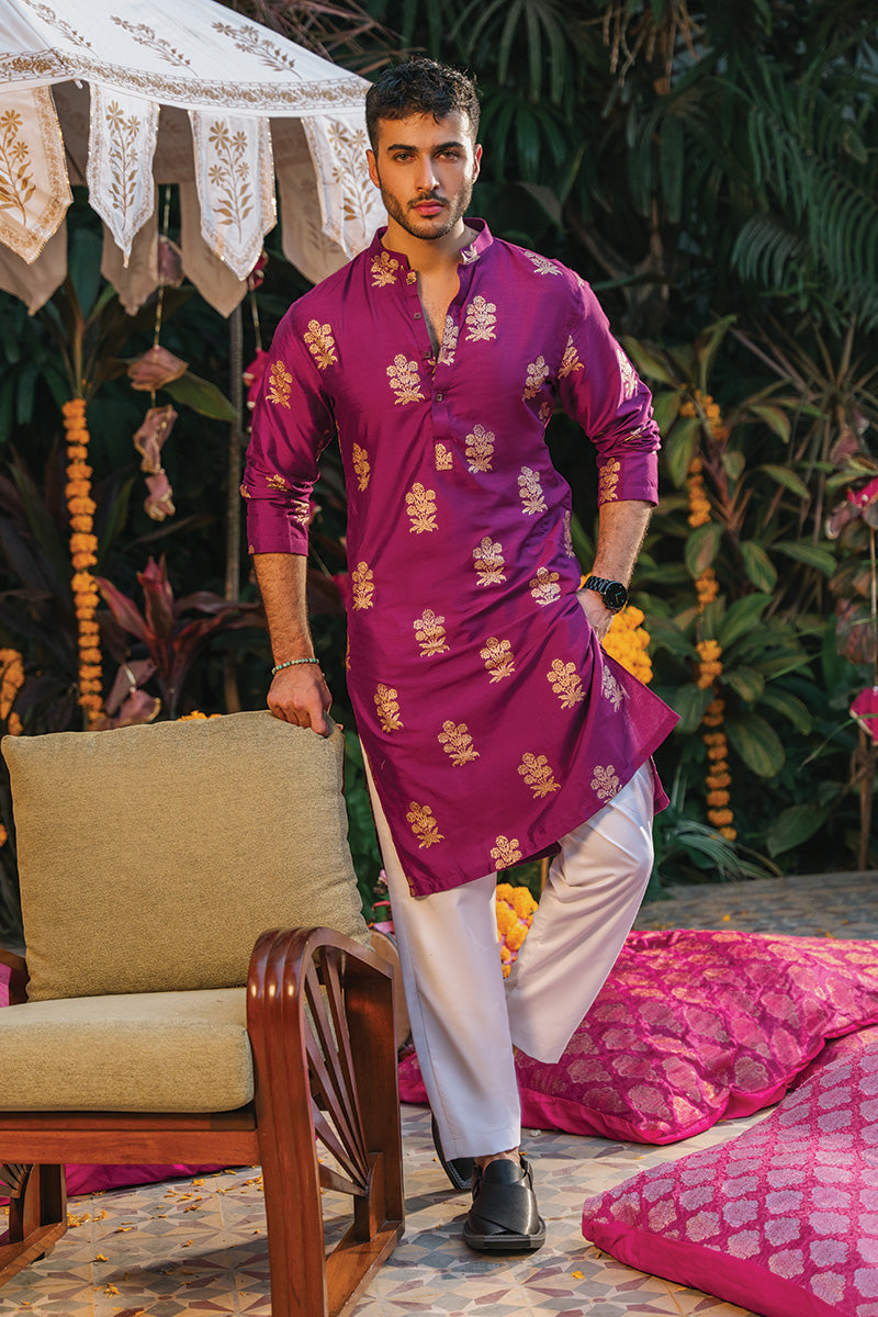 Magenta Screen-Printed Katan Silk Kurta (2-Piece) - Image 1