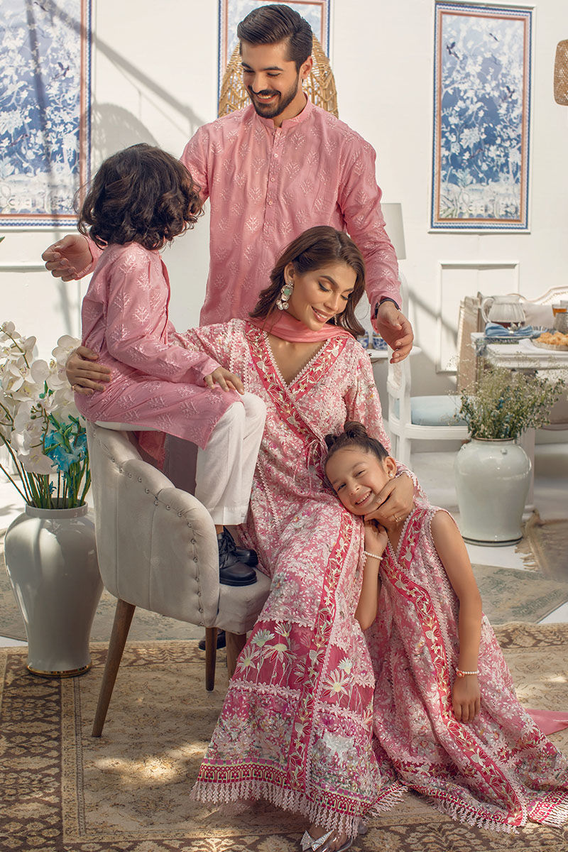 Watermelon Pink Schiffli Embroidered Lawn Kurta (2-Piece) - Image 2