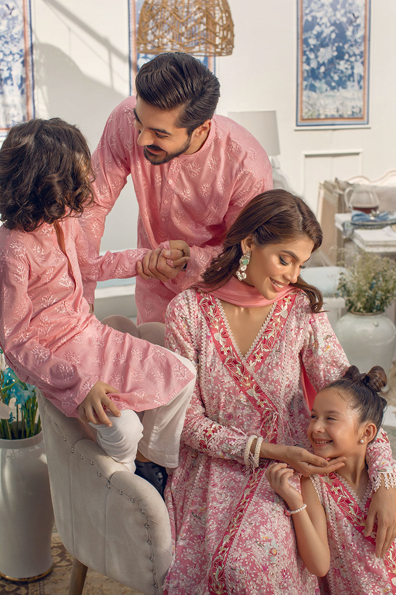 Watermelon Pink Schiffli Embroidered Lawn Kurta (2-Piece) - Image 3
