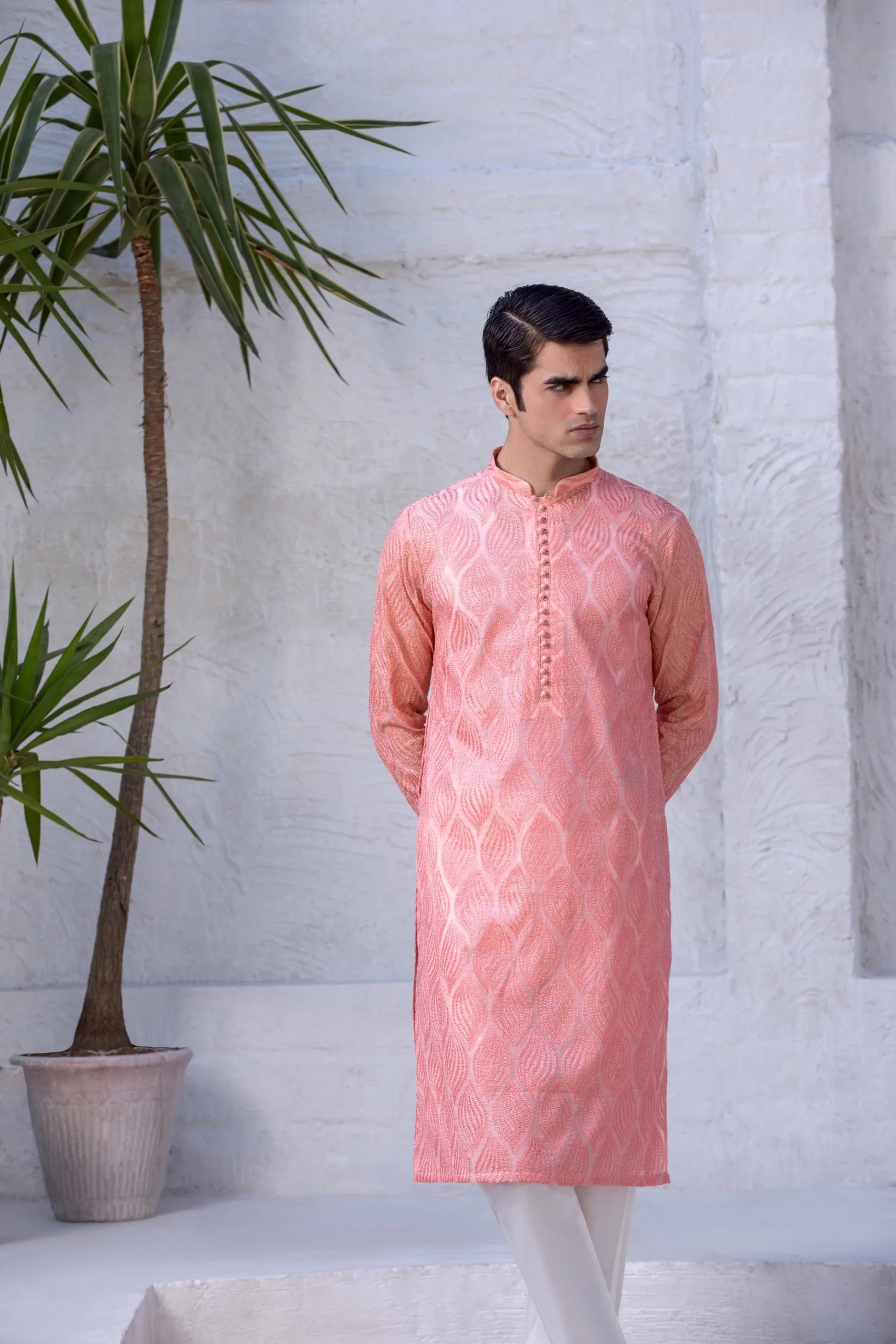 Peachy Pink Leaf Embroidered Kurta (2-Piece) - Image 1