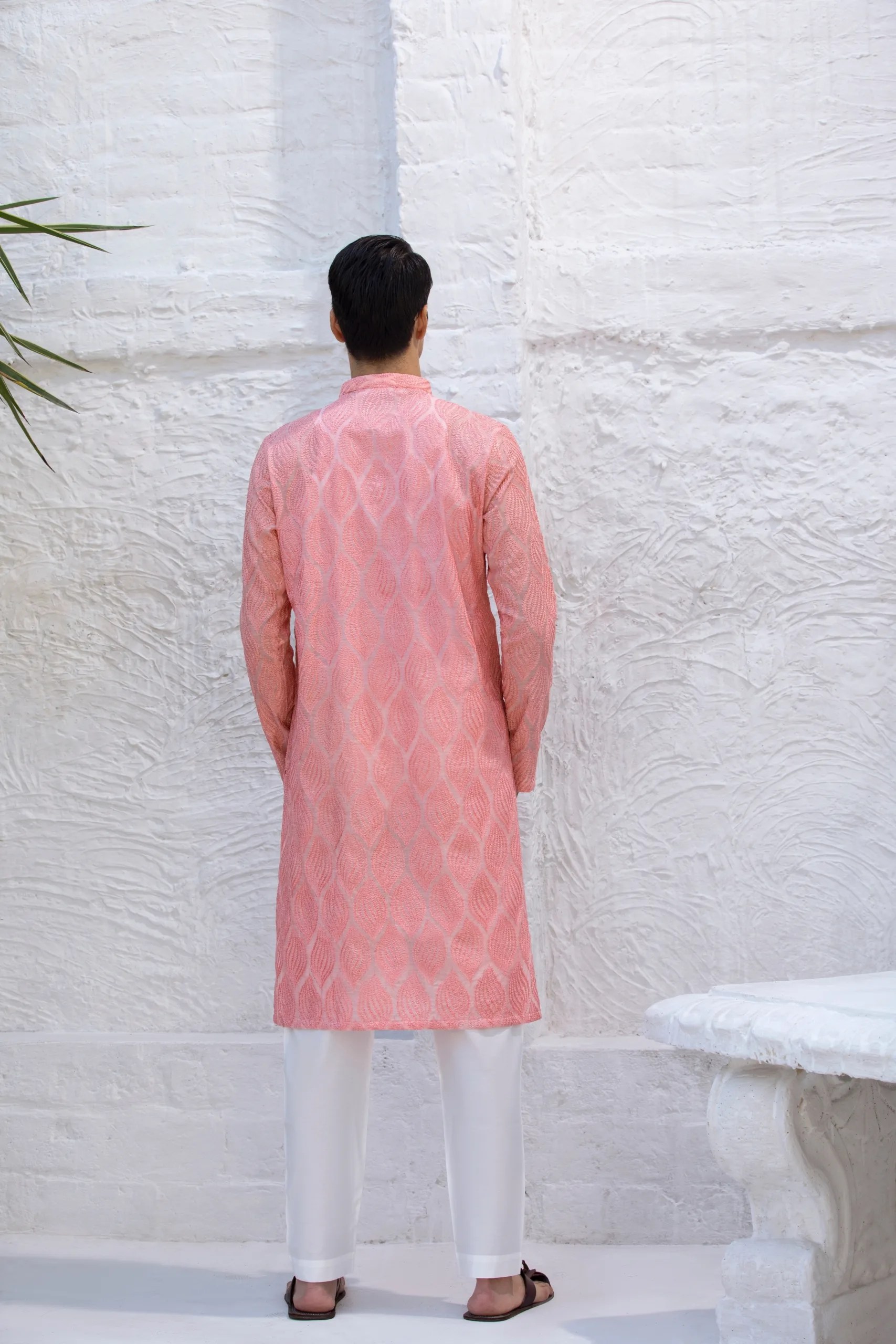 Peachy Pink Leaf Embroidered Kurta (2-Piece) - Image 5
