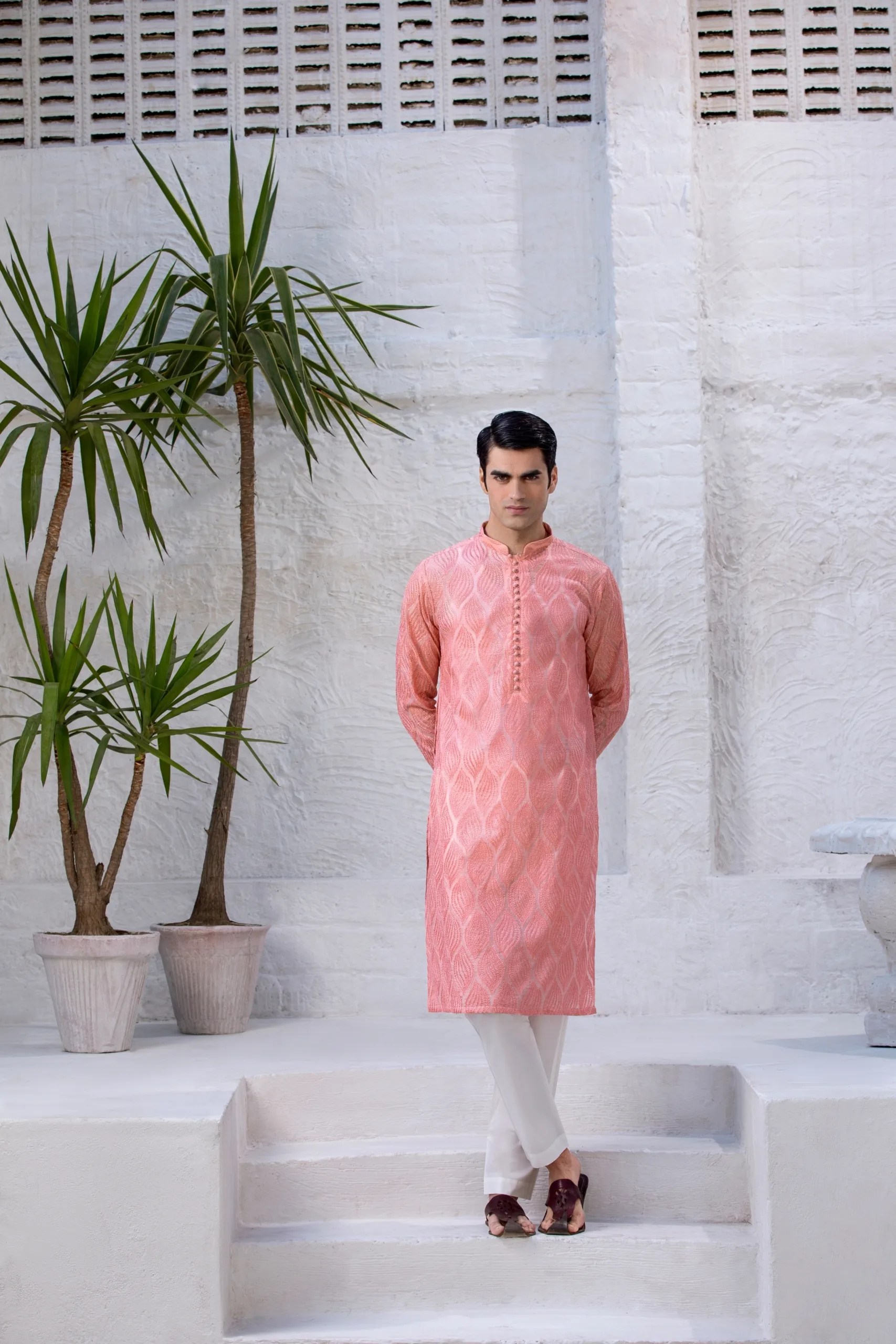 Peachy Pink Leaf Embroidered Kurta (2-Piece) - Image 6