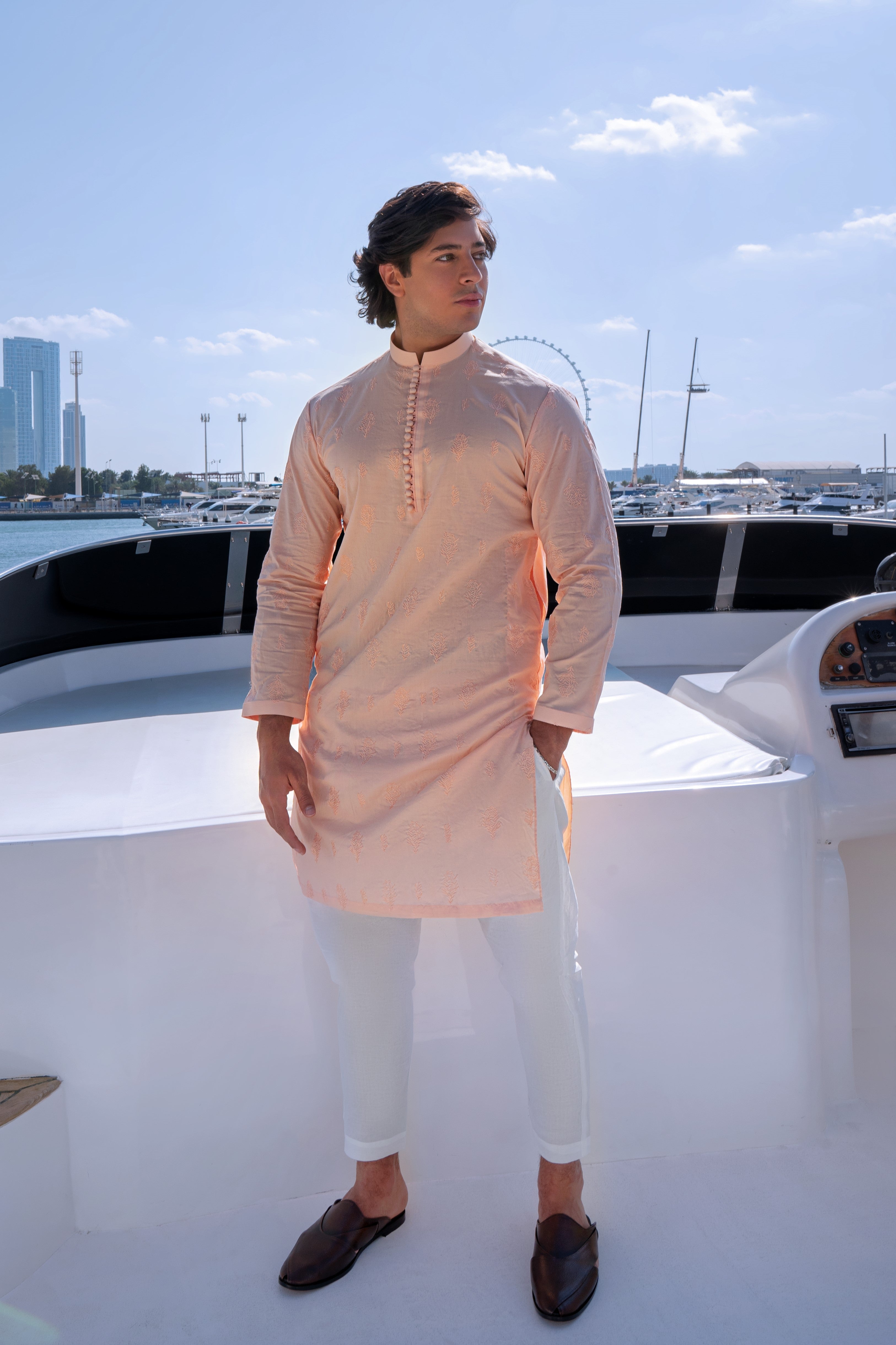 Light Peach Embroidered Cotton Kurta Pajama (2-Piece) - Image 1