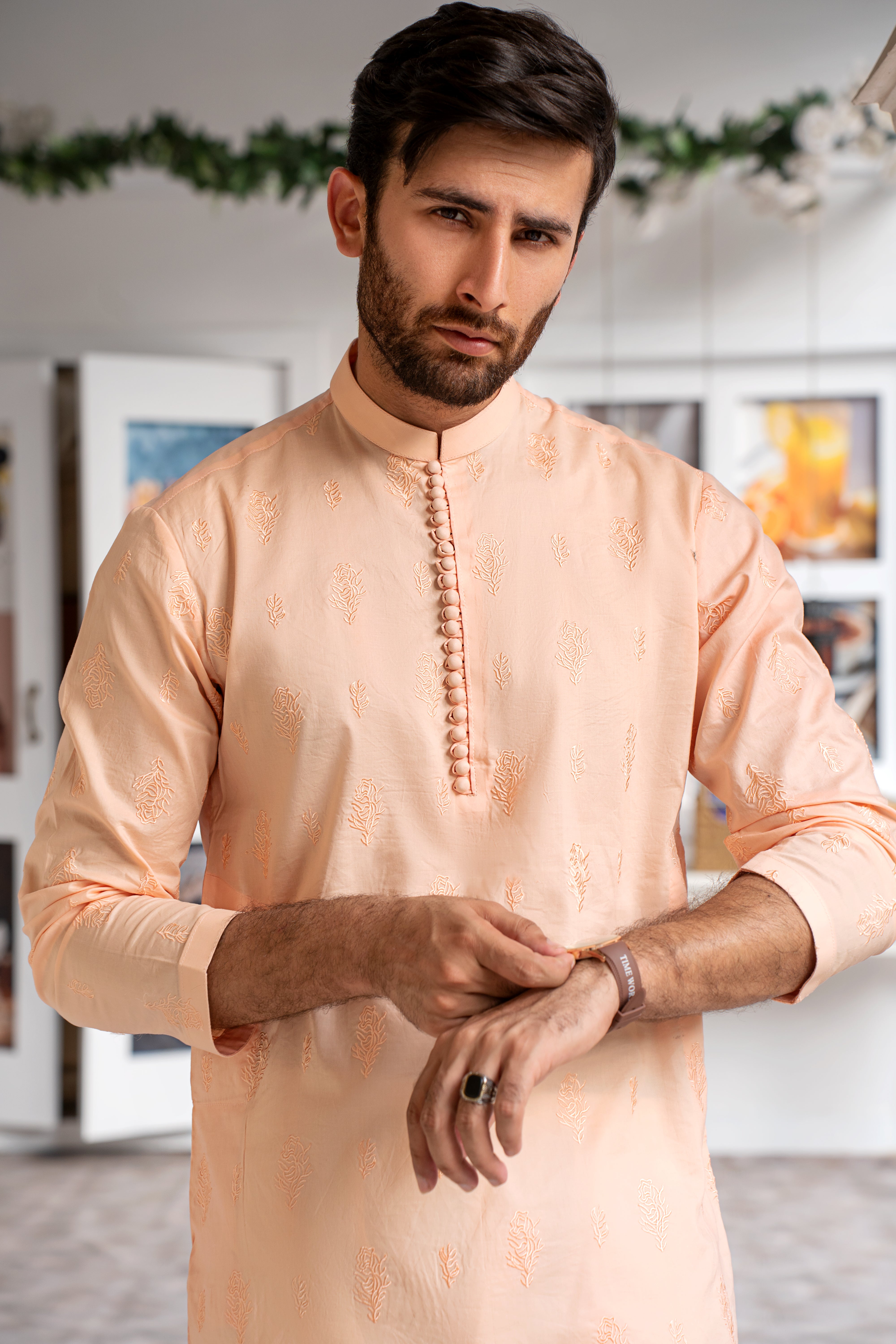 Light Peach Embroidered Cotton Kurta Pajama (2-Piece) - Image 2