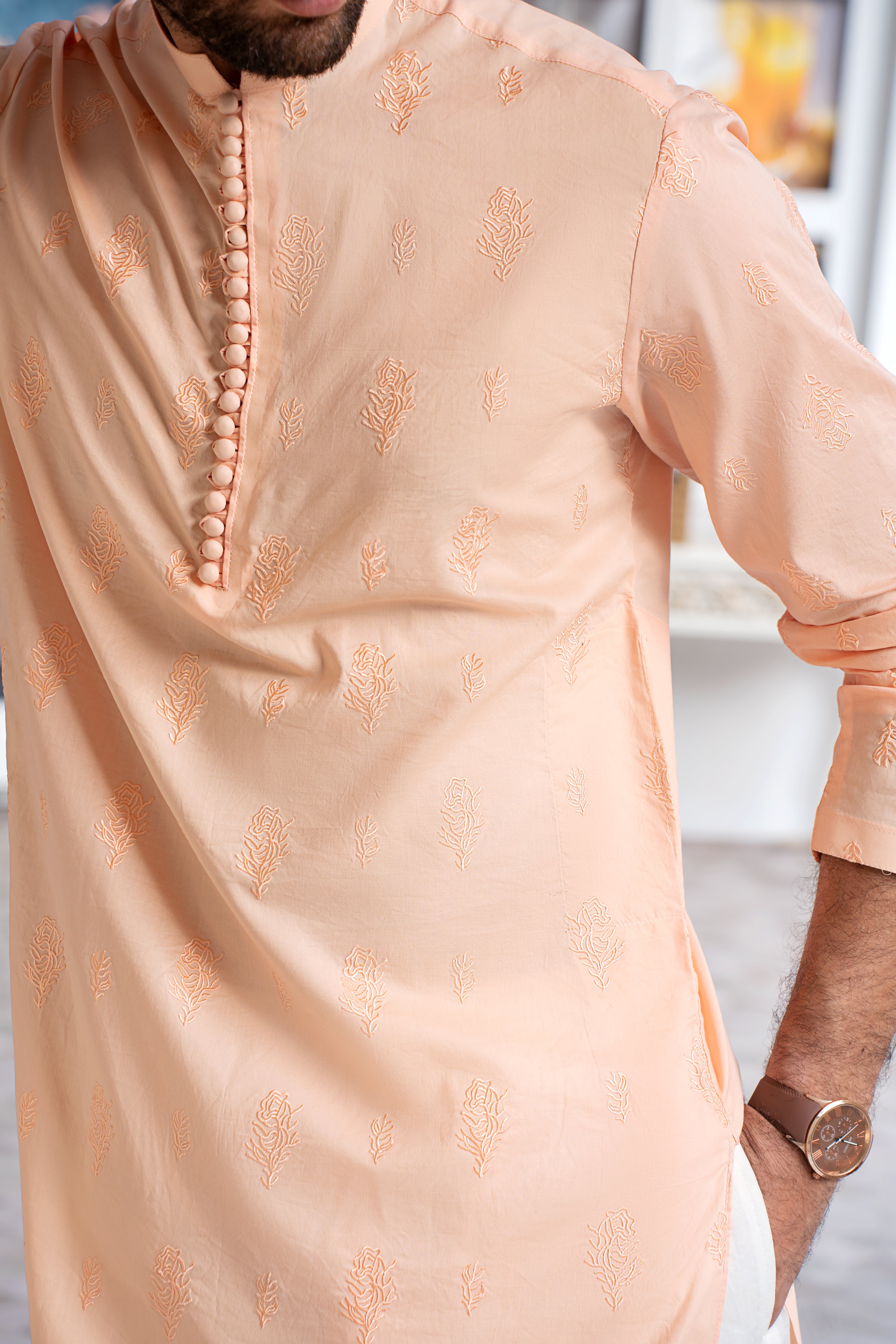 Light Peach Embroidered Cotton Kurta Pajama (2-Piece) - Image 3