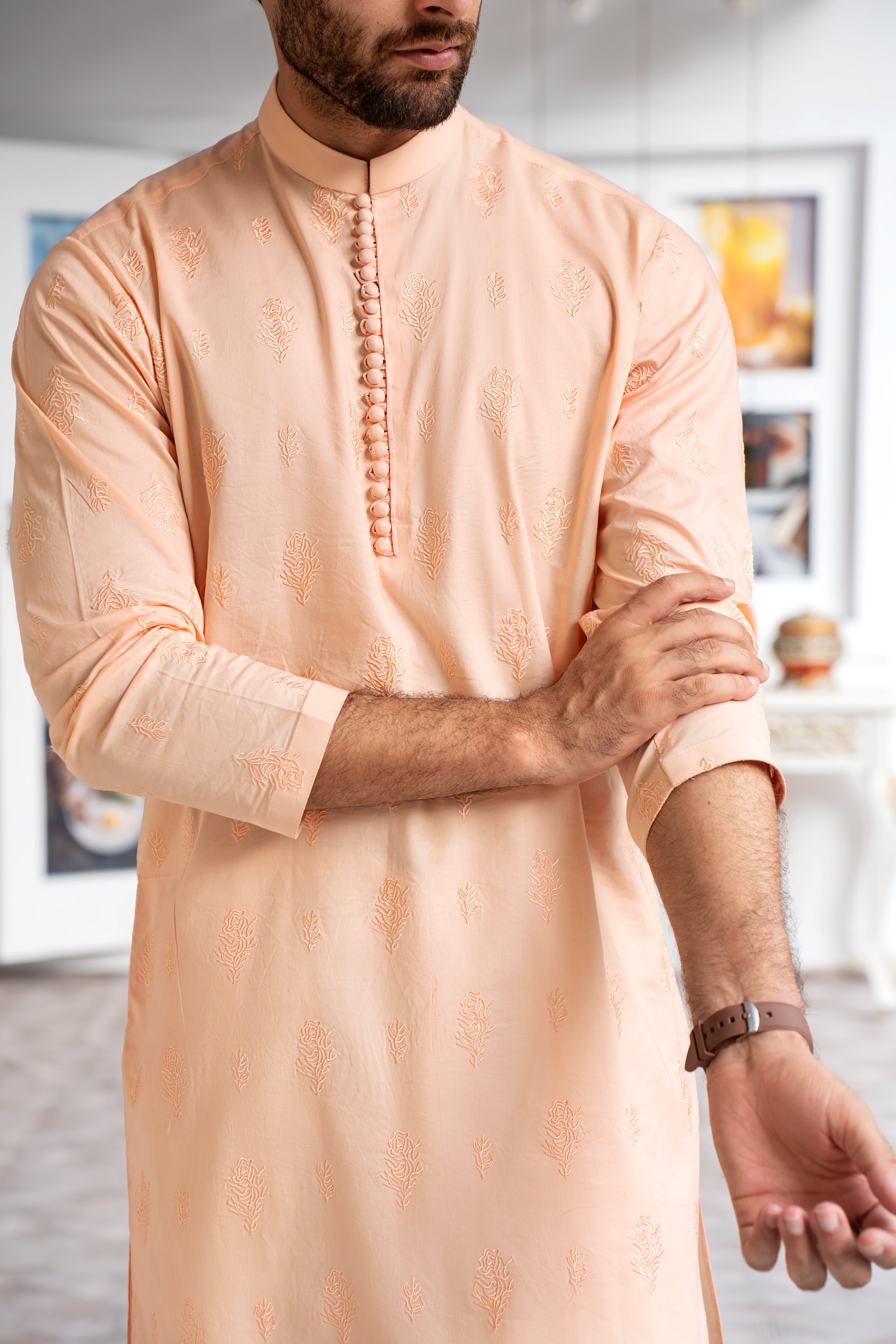 Light Peach Embroidered Cotton Kurta Pajama (2-Piece) - Image 5