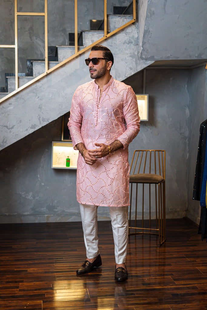 Tea Pink Mirror Work Silk-Blend Kurta (2-Piece) - Image 1
