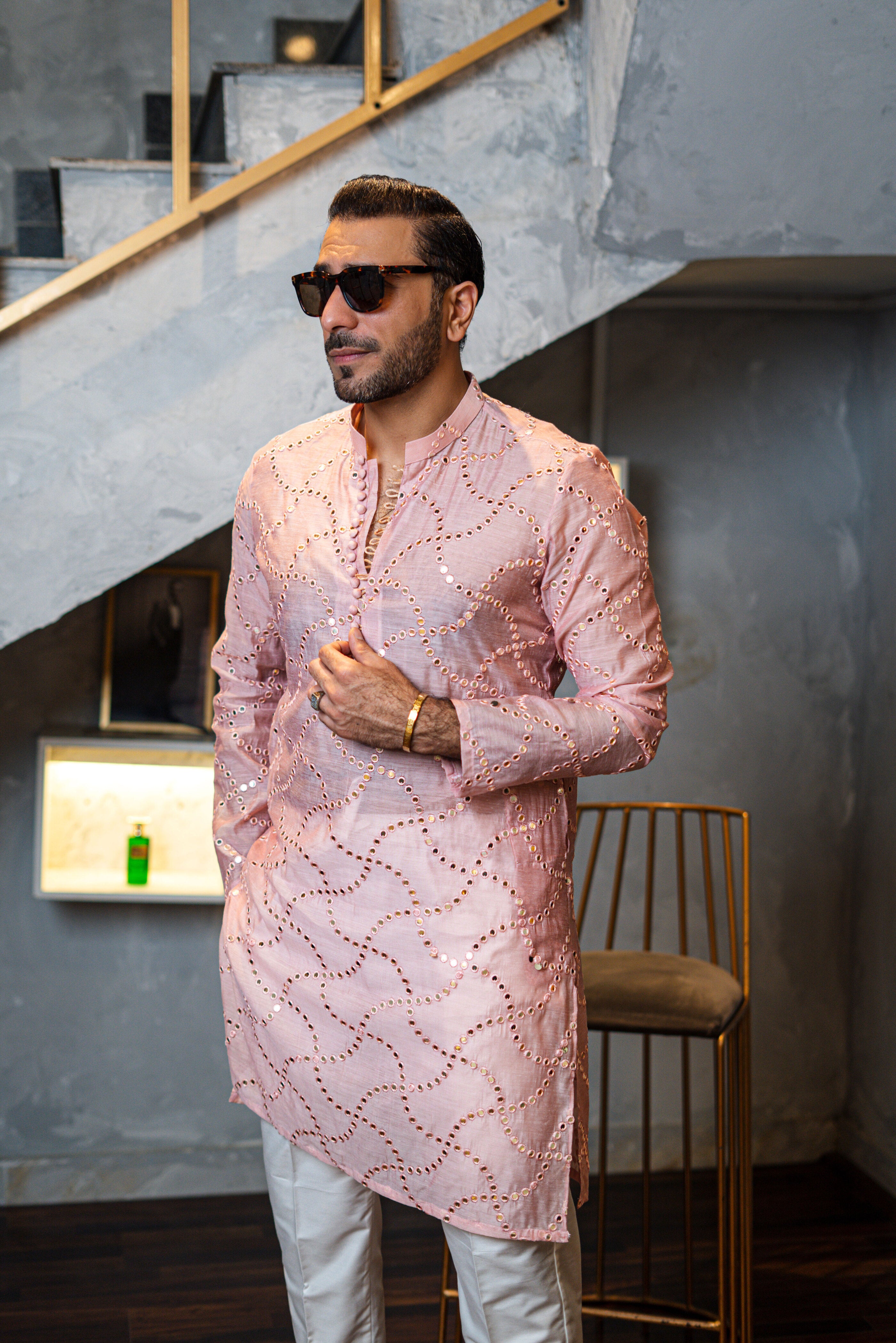 Tea Pink Mirror Work Silk-Blend Kurta (2-Piece) - Image 4