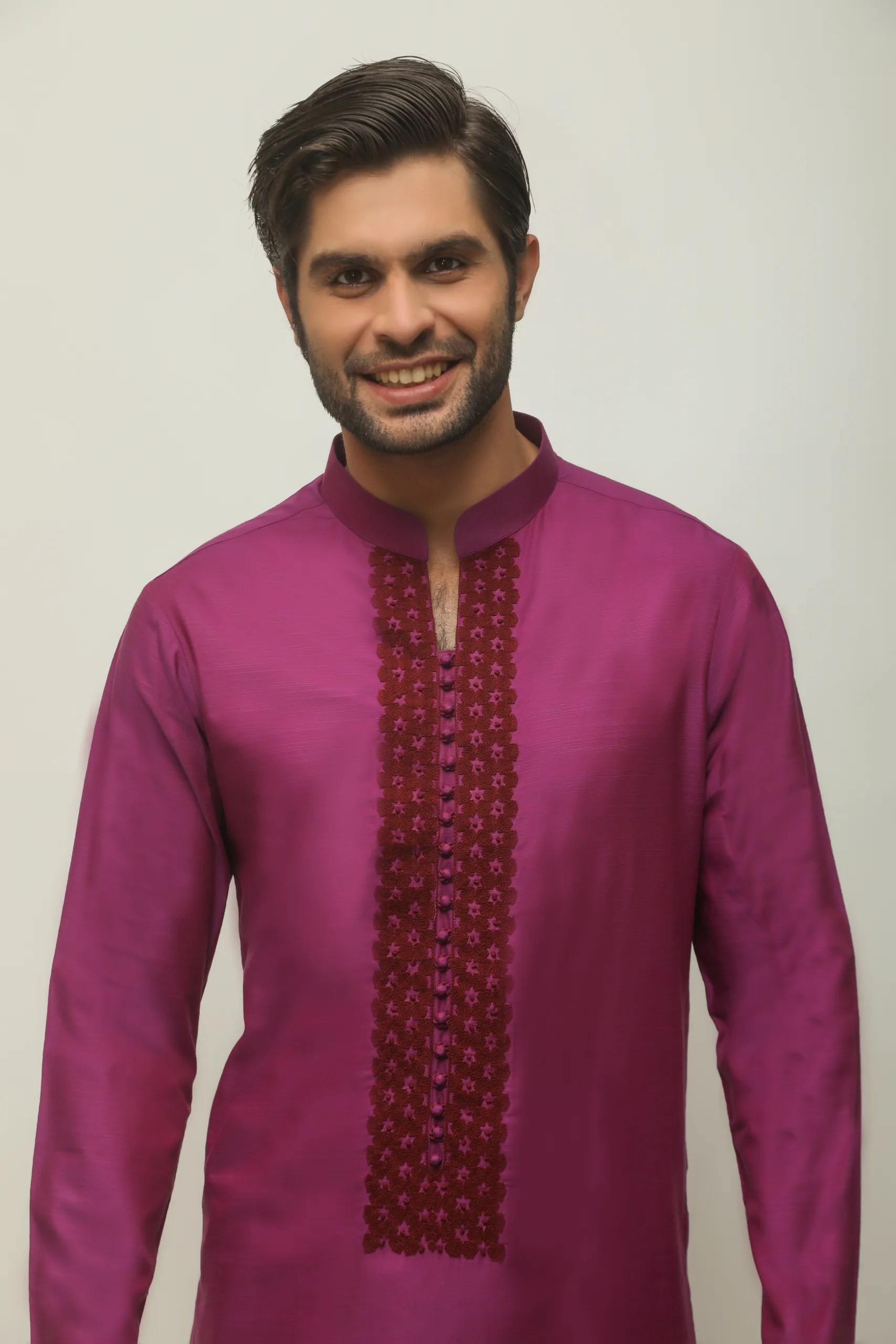Magenta Embroidered Silk Kurta (1-Pc) - Image 1