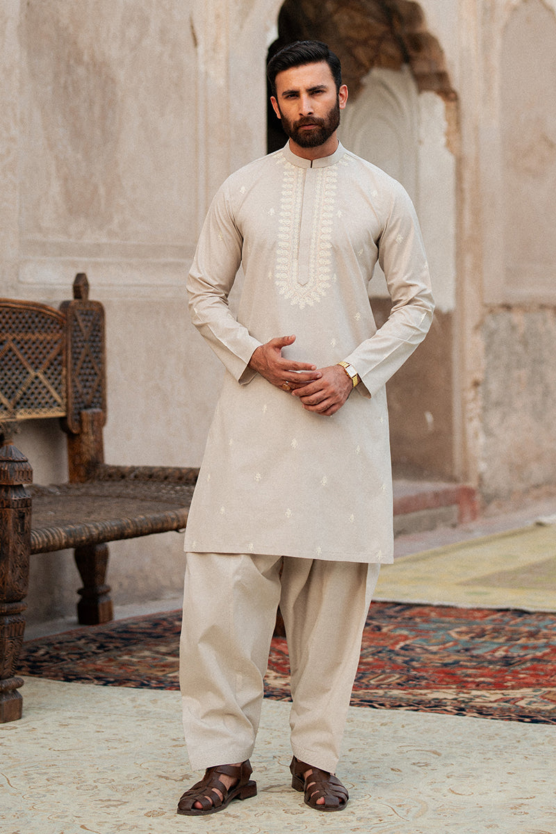 Salmon Pink Aari Embroidered Cotton Kurta Shalwar (2-Piece) - Image 1