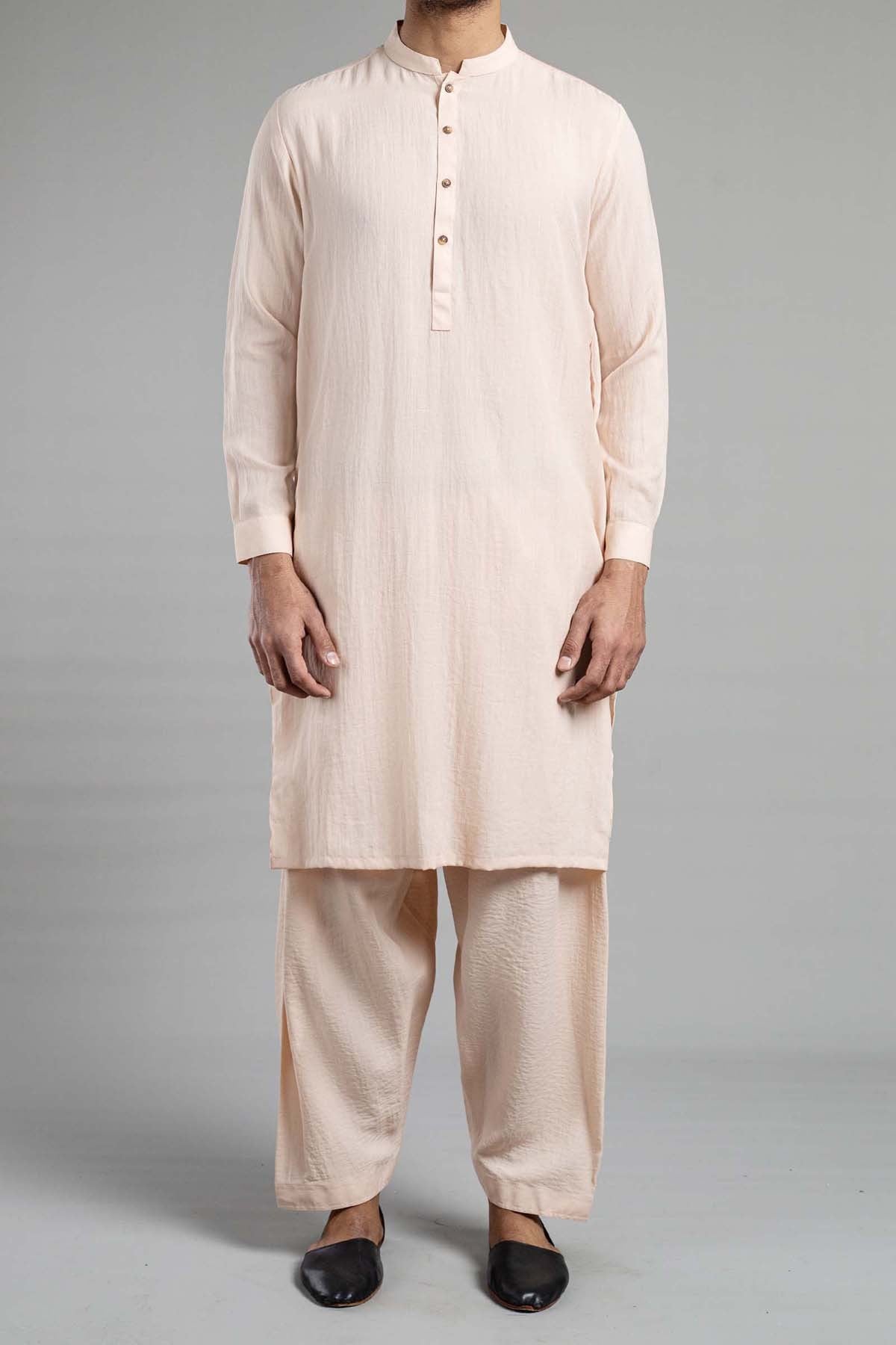 Light Peach Cotton Linen Shalwar Kameez (2-Piece) - Image 1
