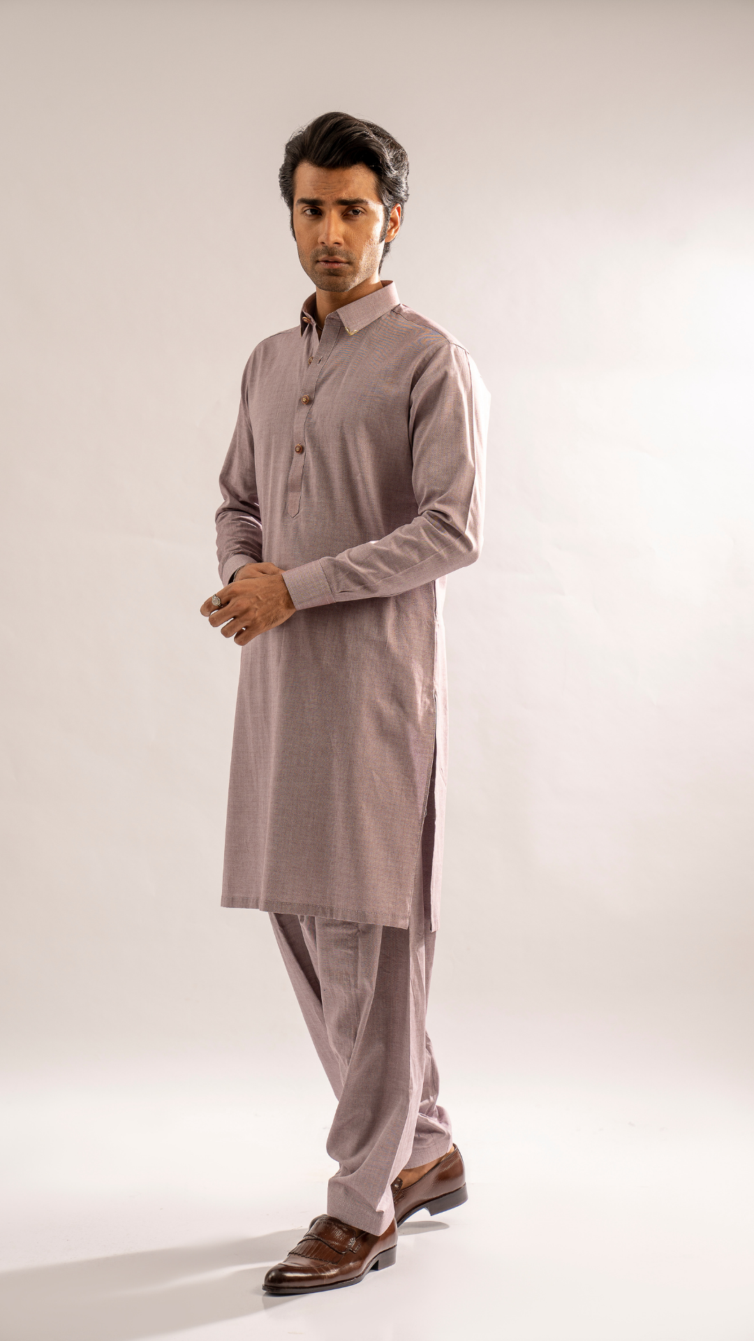 Dusty Mauve Textured Kurta Shalwar (2-Piece) - Image 1