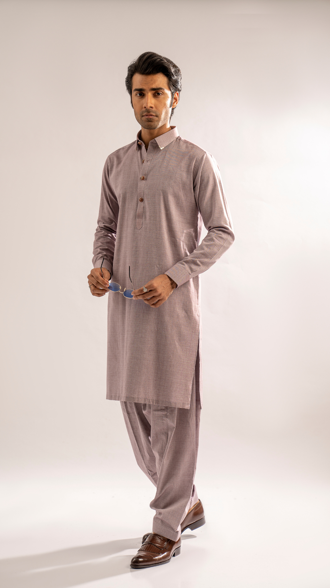 Dusty Mauve Textured Kurta Shalwar (2-Piece) - Image 6