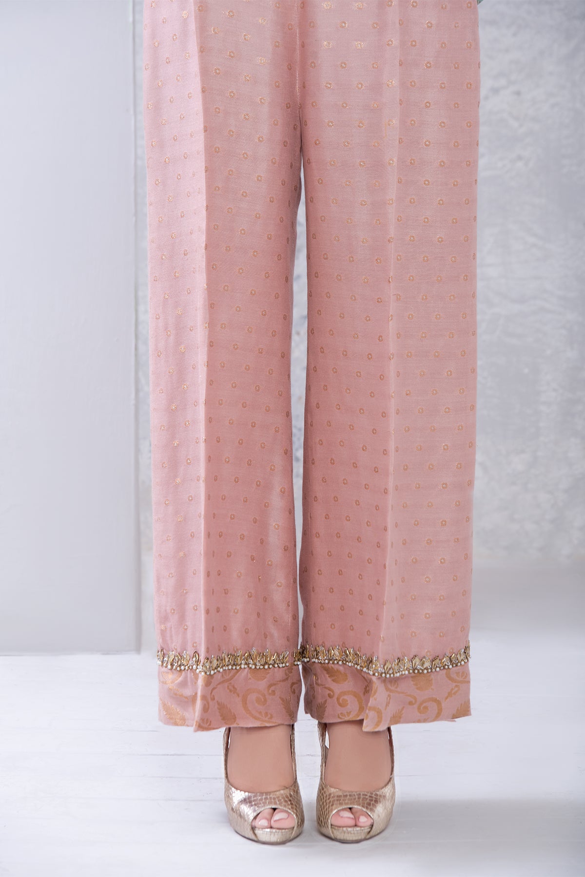 Powder Pink Beaded Cotton Net Flared Pants (1-Pc) - Image 1