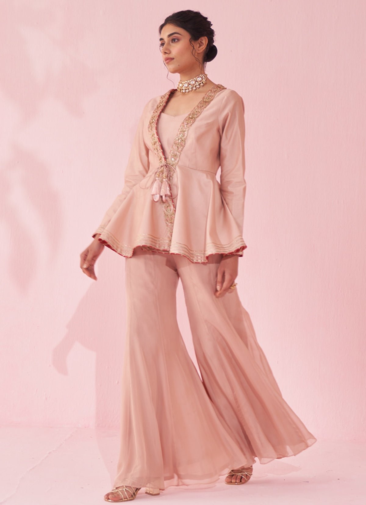 Pakistani Blush Pink Embroidered Chanderi Peplum Kurta Set (2-Piece) - Image 2