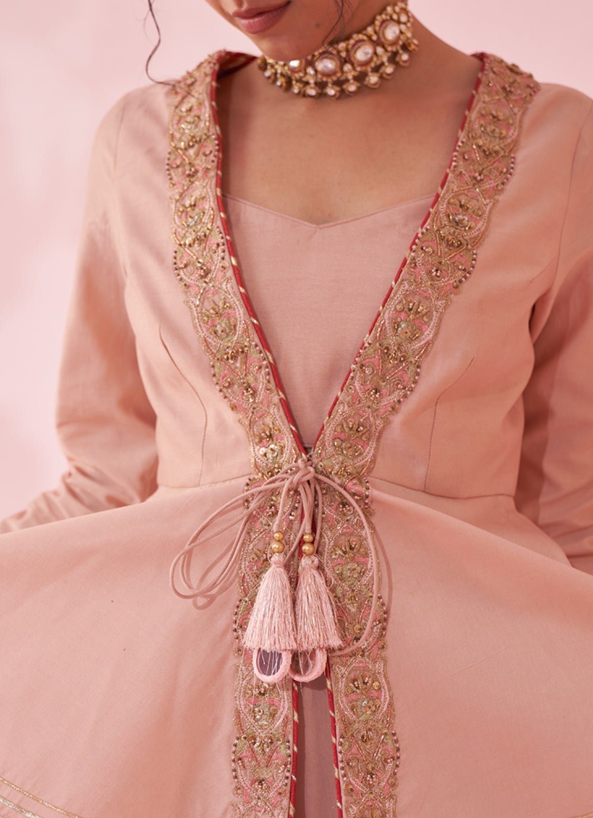 Pakistani Blush Pink Embroidered Chanderi Peplum Kurta Set (2-Piece) - Image 3