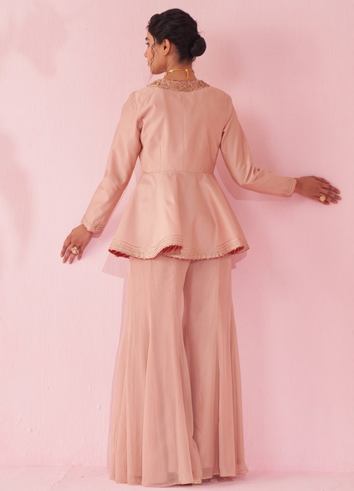 Pakistani Blush Pink Embroidered Chanderi Peplum Kurta Set (2-Piece) - Image 4