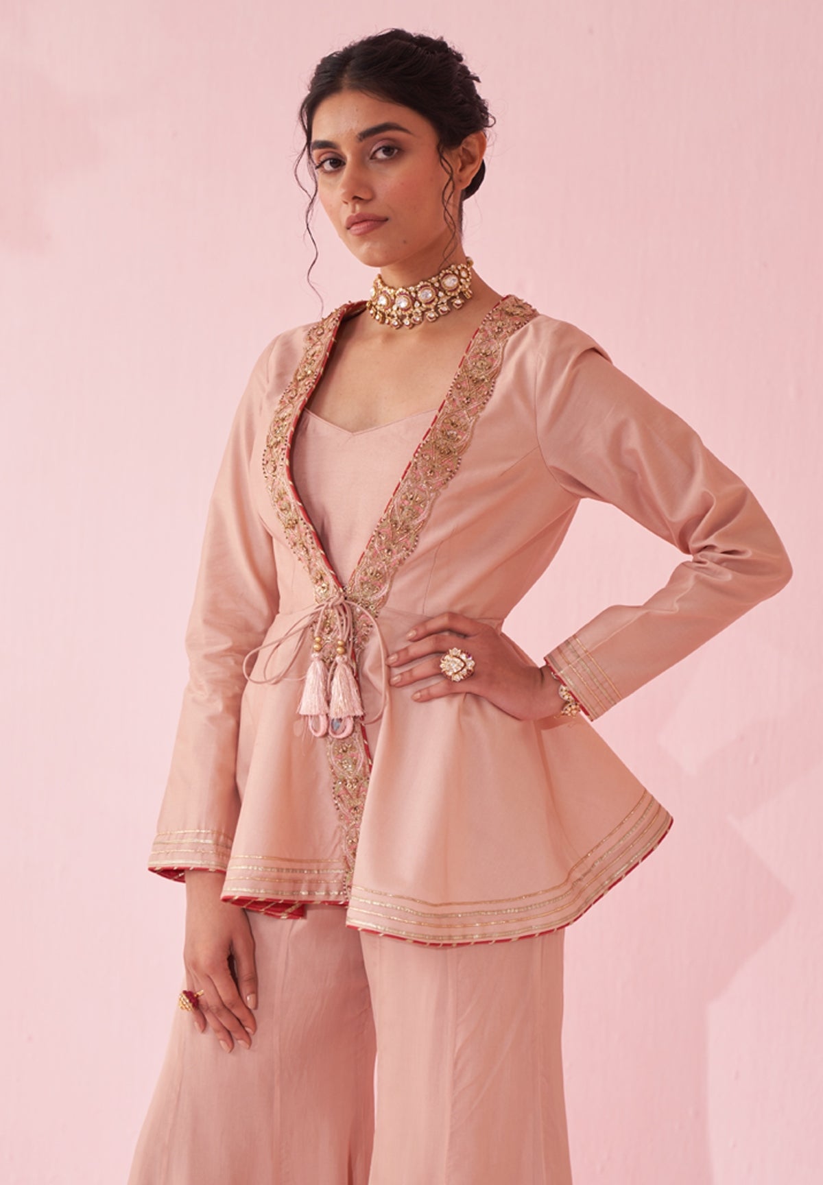 Pakistani Blush Pink Embroidered Chanderi Peplum Kurta Set (2-Piece) - Image 5