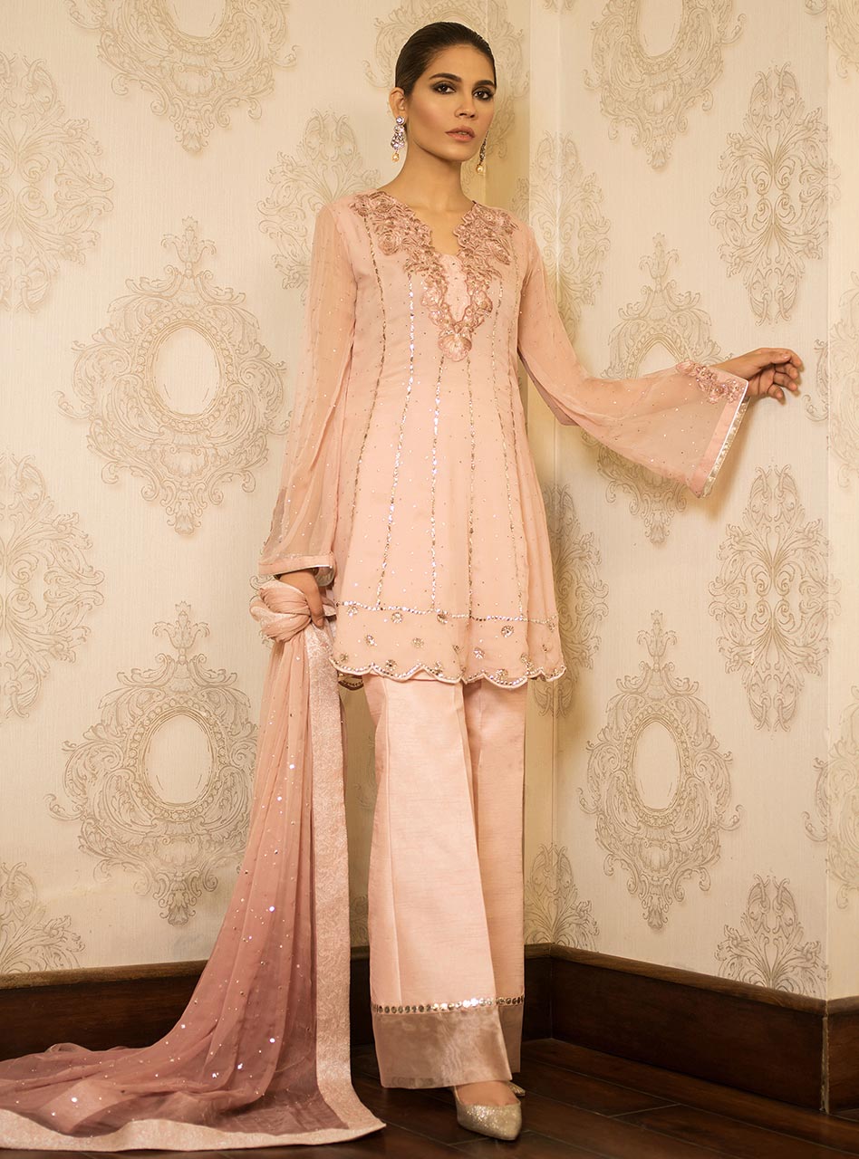 Pakistani Blush Pink Mukaish Chiffon Peplum (3-Piece) - Image 1
