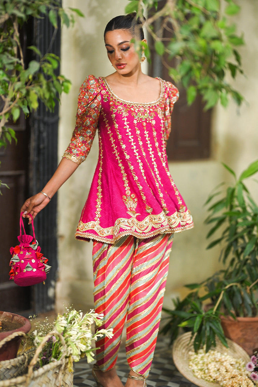 Hot Pink Gota Cotton Net Peplum Peshwas (2-Piece) - Image 4
