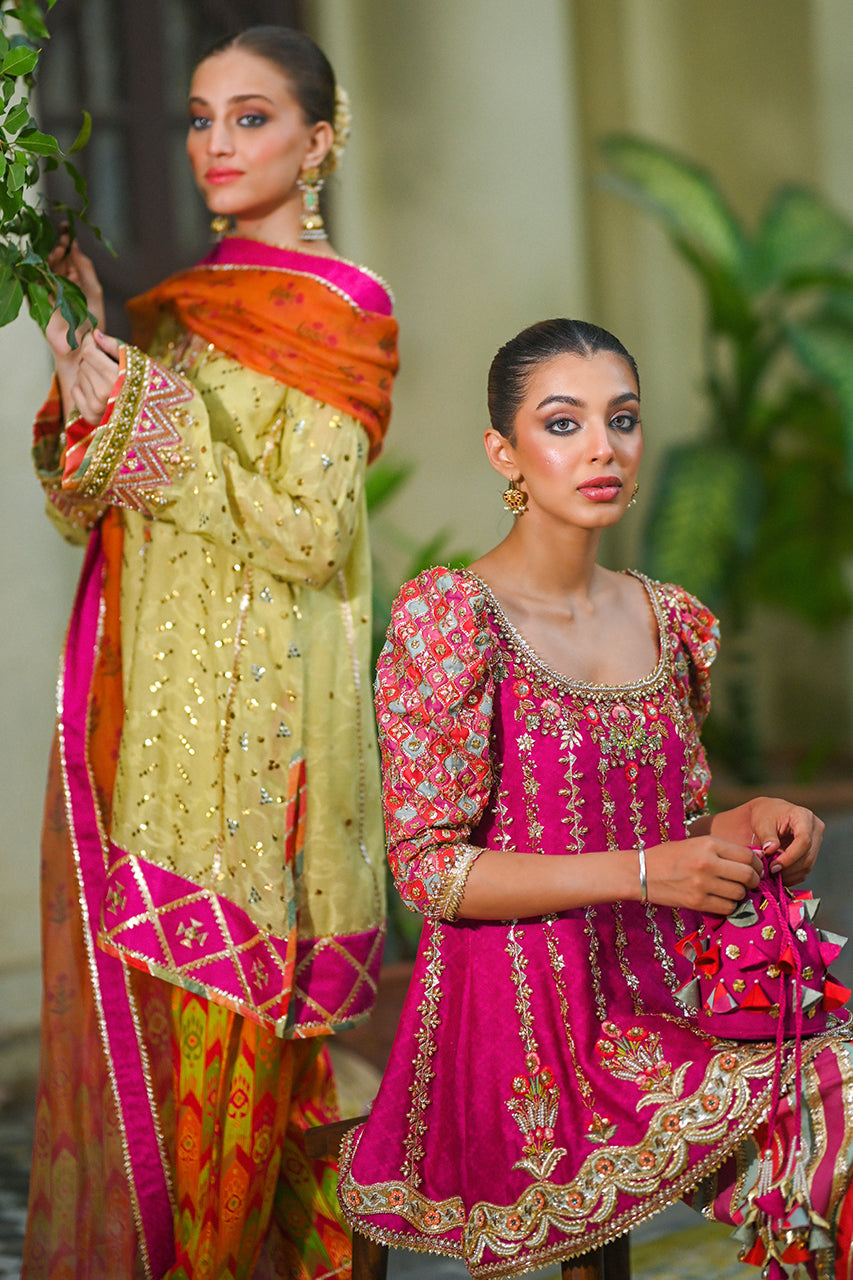 Hot Pink Gota Cotton Net Peplum Peshwas (2-Piece) - Image 5