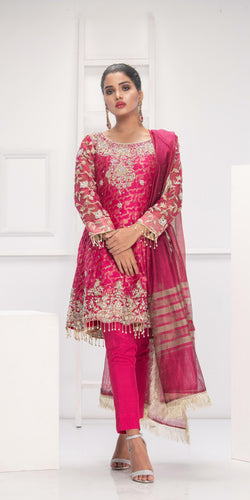 Pakistani Hot Pink Embroidered Khaddi Net Peplum (3-Piece) - Image 1