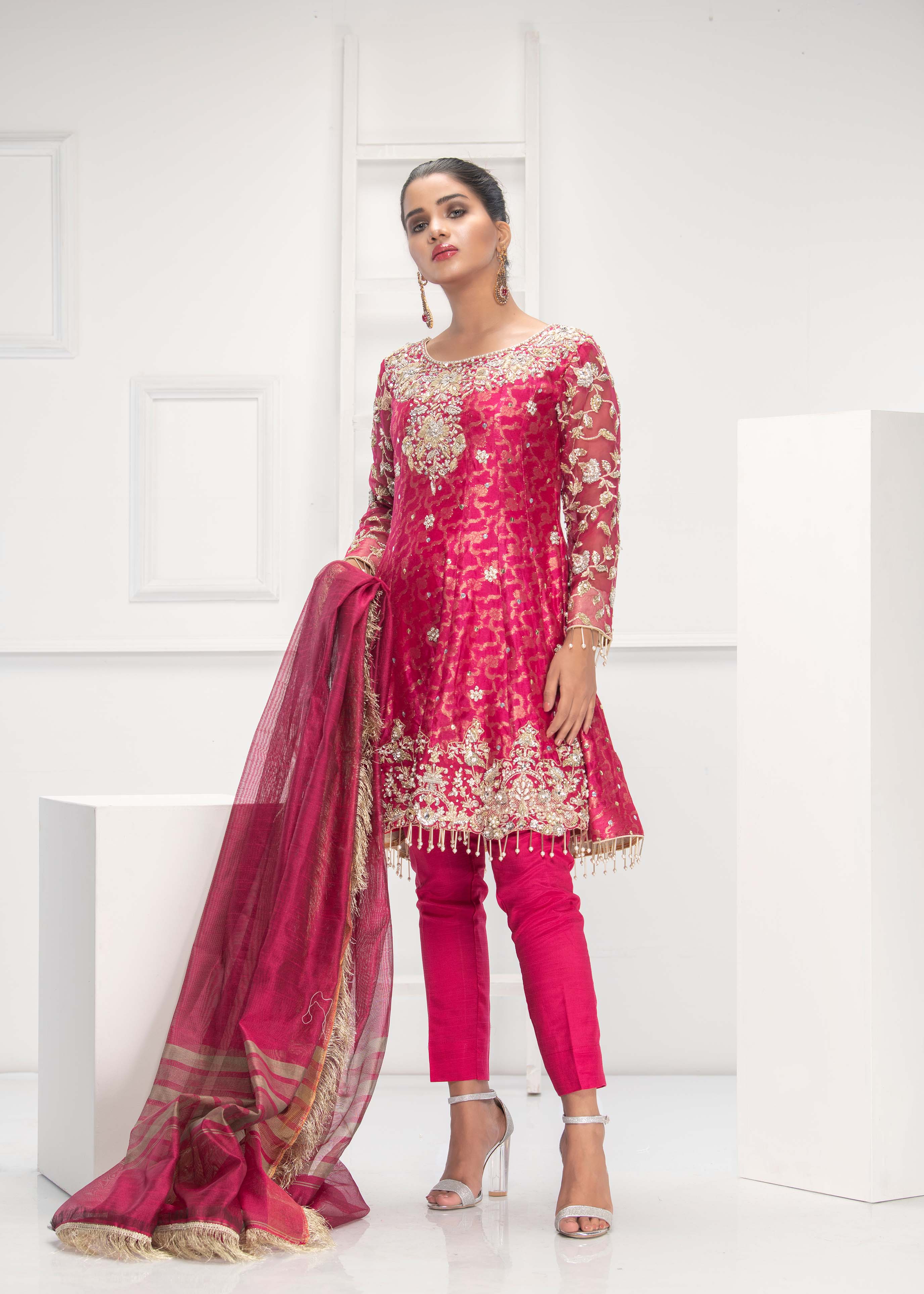 Pakistani Hot Pink Embroidered Khaddi Net Peplum (3-Piece) - Image 3