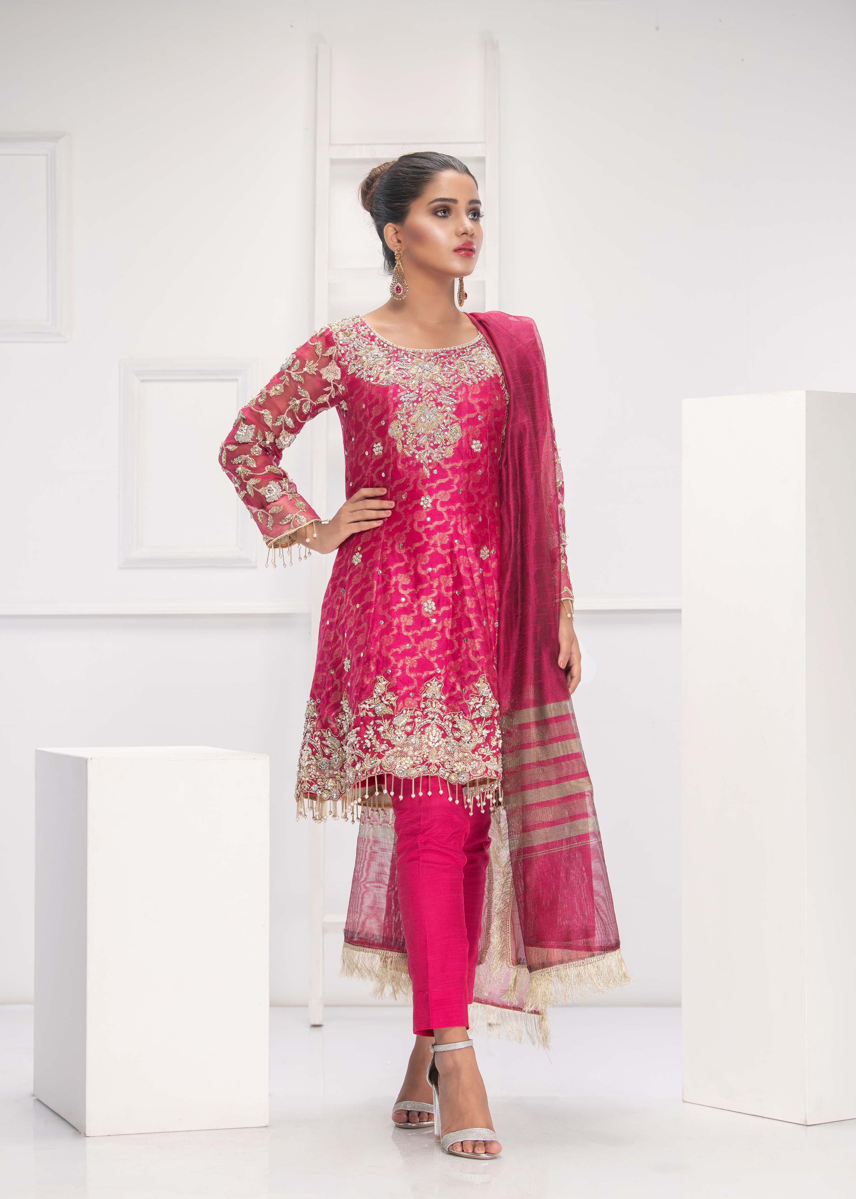 Pakistani Hot Pink Embroidered Khaddi Net Peplum (3-Piece) - Image 4