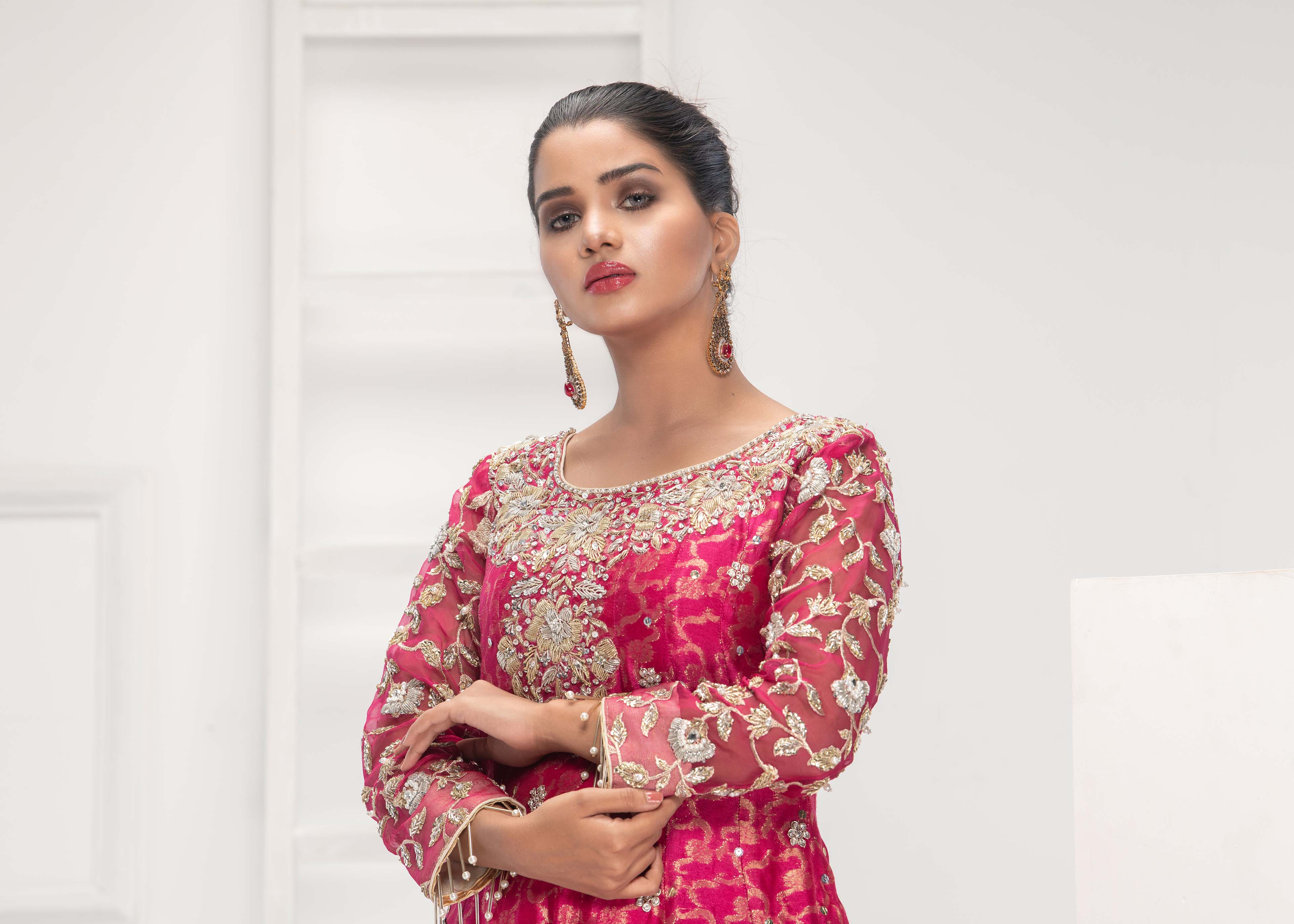 Pakistani Hot Pink Embroidered Khaddi Net Peplum (3-Piece) - Image 5