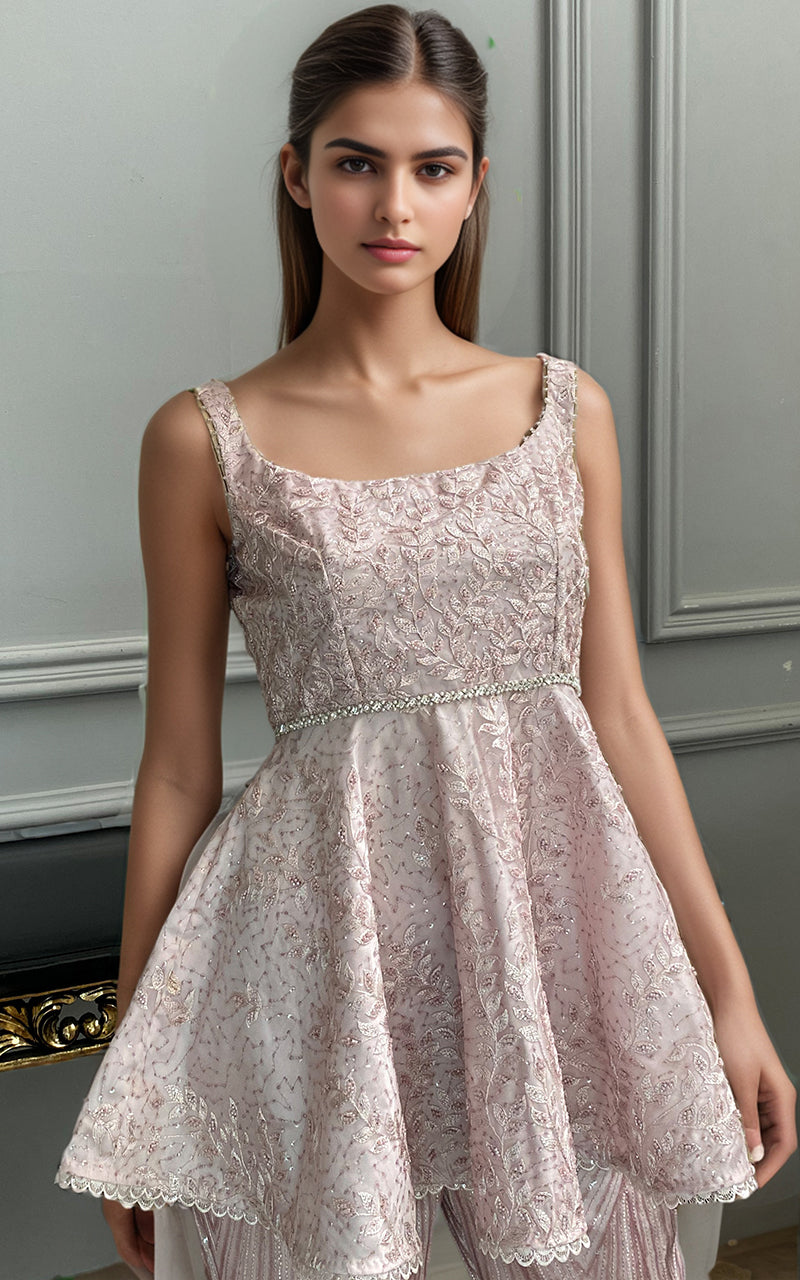 Pakistani Blush Pink Cut Dana Net Peplum (2-Piece) - Image 2