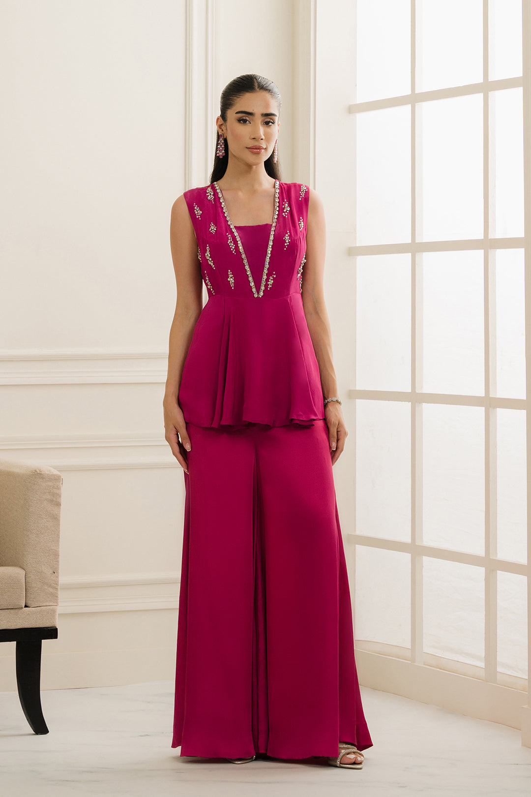 Pink Crystal Embellished Soft Silk Peplum Top (2-Piece) - Image 1