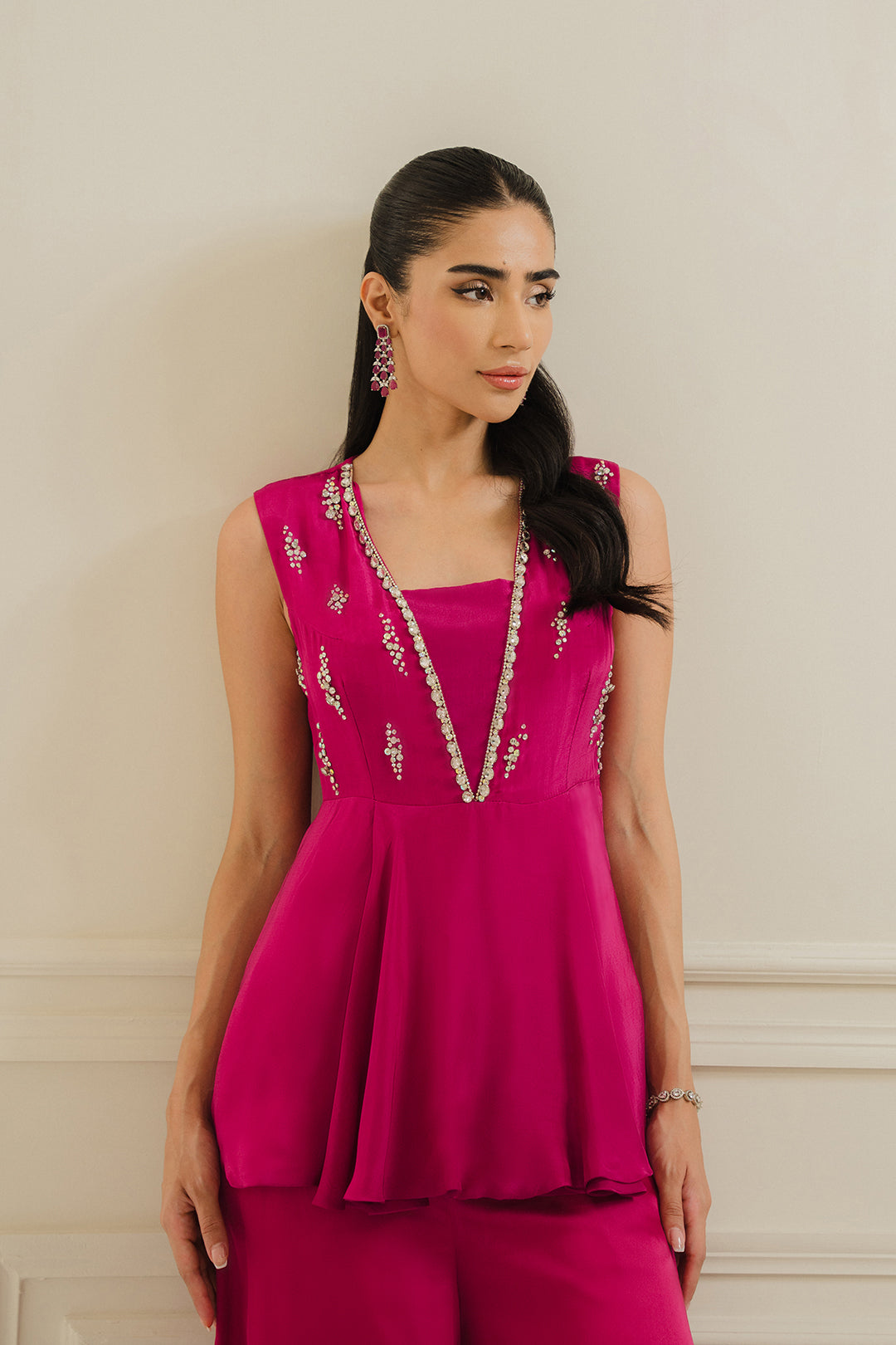 Pink Crystal Embellished Soft Silk Peplum Top (2-Piece) - Image 3
