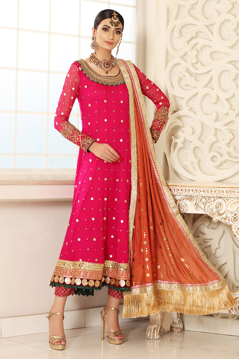 Fuchsia Embroidered Chiffon Pishwas Dress (3-Piece) - Image 1