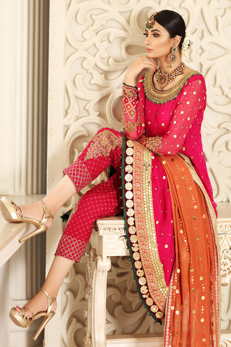 Fuchsia Embroidered Chiffon Pishwas Dress (3-Piece) - Image 2