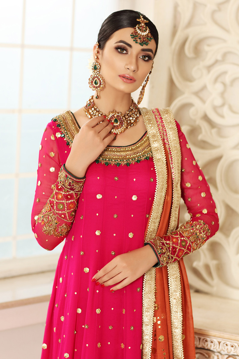 Fuchsia Embroidered Chiffon Pishwas Dress (3-Piece) - Image 3