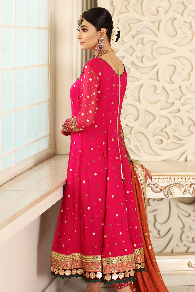 Fuchsia Embroidered Chiffon Pishwas Dress (3-Piece) - Image 4