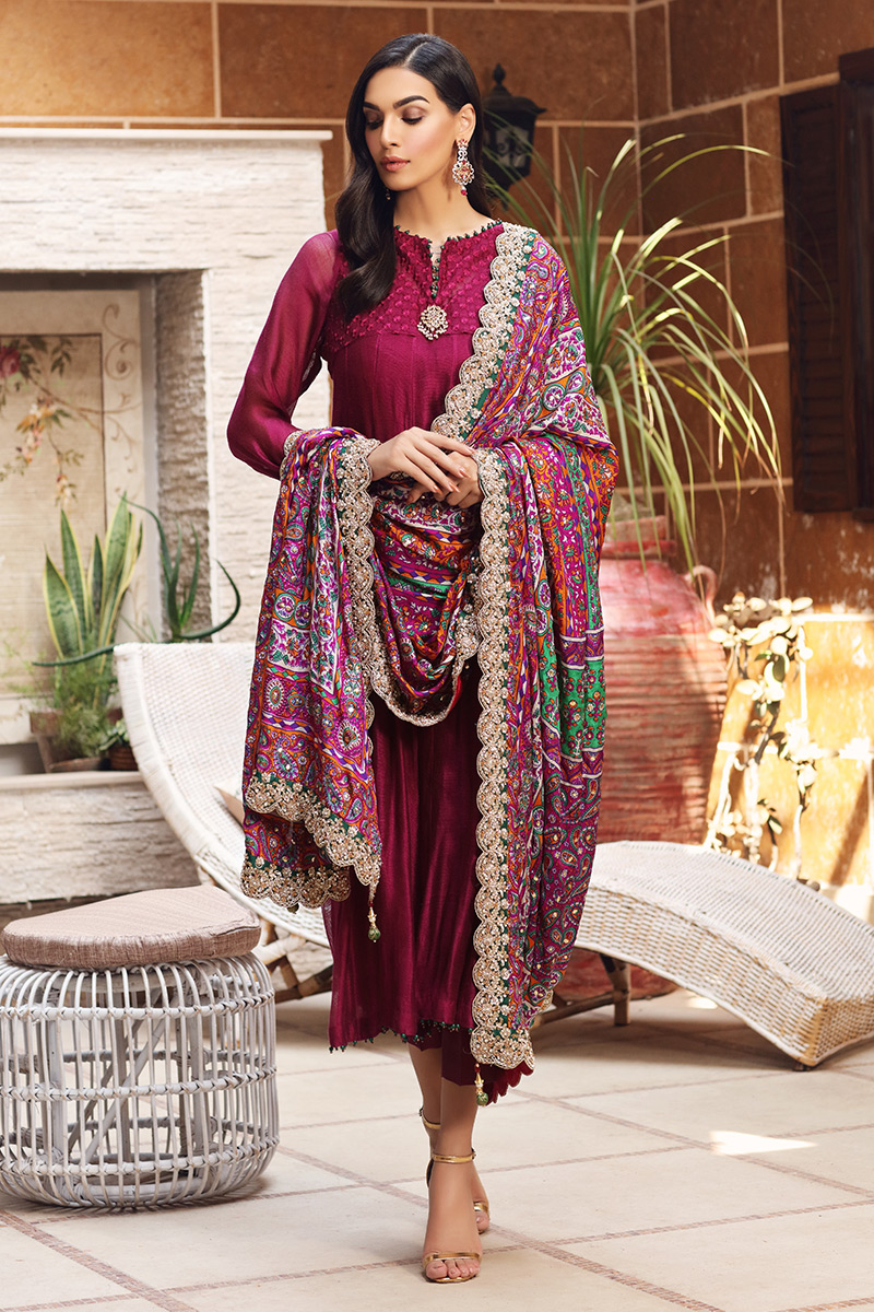 Pakistani Magenta Cotton Net Kalidaar Pishwas (3-Piece) - Image 1