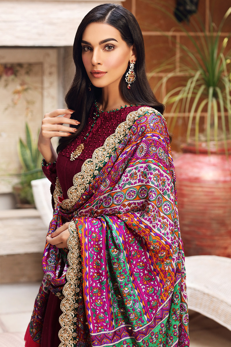 Pakistani Magenta Cotton Net Kalidaar Pishwas (3-Piece) - Image 2