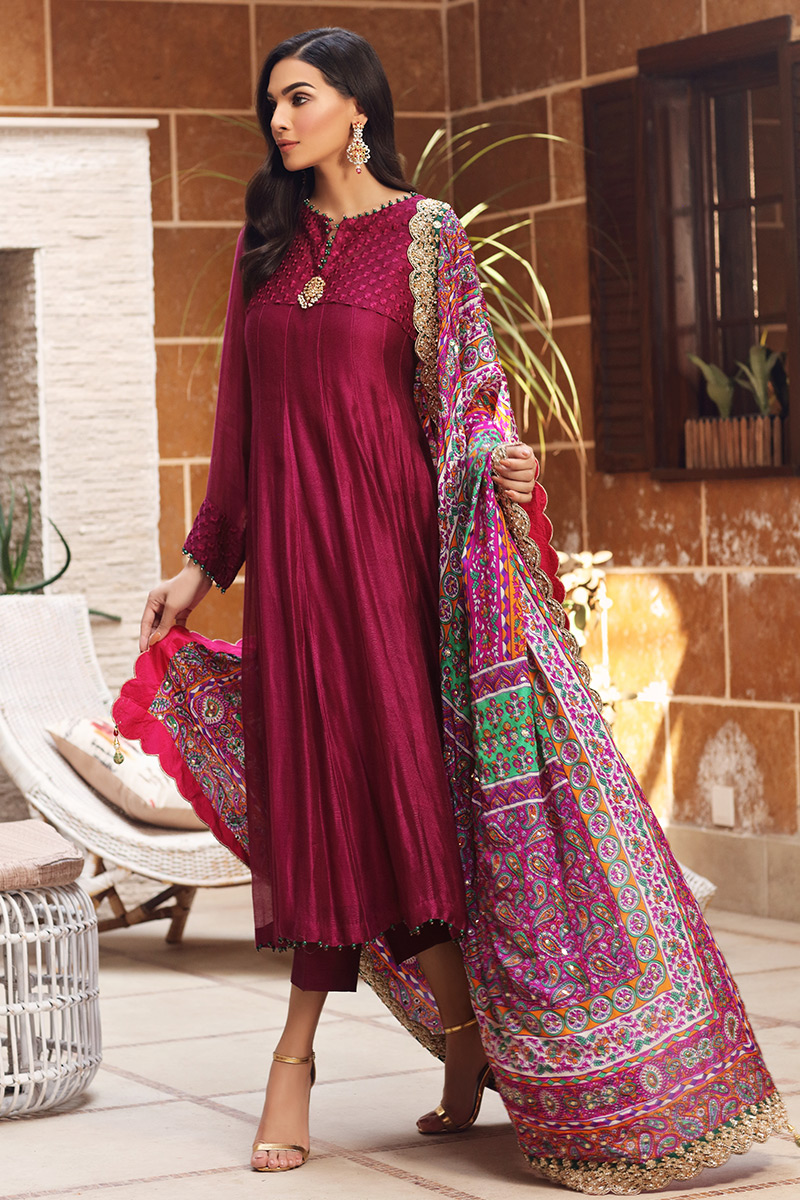 Pakistani Magenta Cotton Net Kalidaar Pishwas (3-Piece) - Image 3