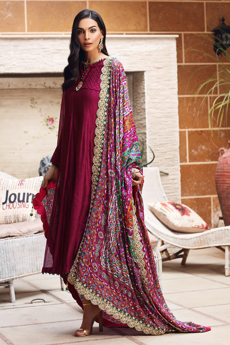 Pakistani Magenta Cotton Net Kalidaar Pishwas (3-Piece) - Image 4