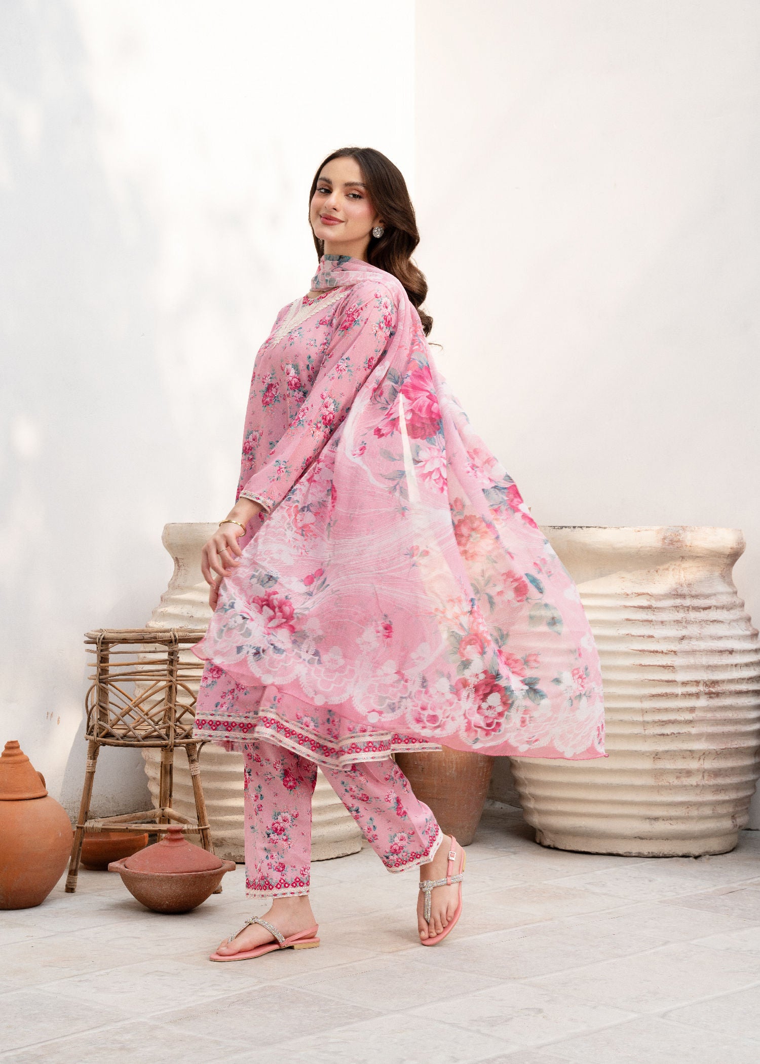 Baby Pink Printed Cotton Pishwas Dress (3-Piece) - Image 2