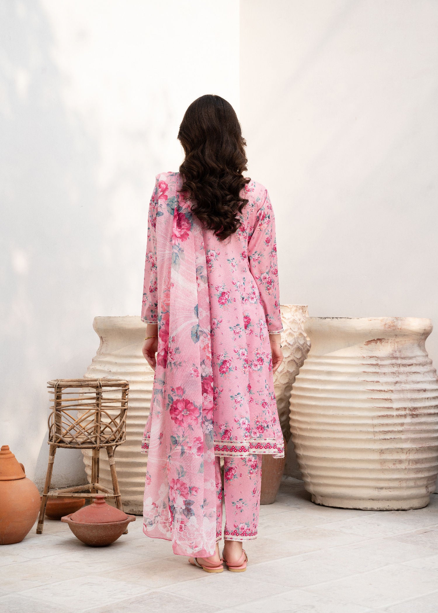 Baby Pink Printed Cotton Pishwas Dress (3-Piece) - Image 3
