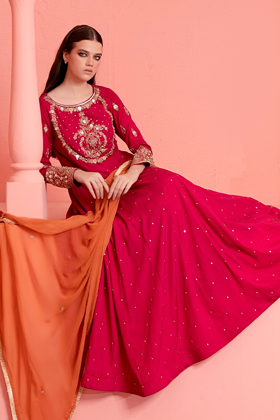 Pakistani Fuchsia Pink Embellished Crepe Silk Pishwas (3-Piece) - Image 1