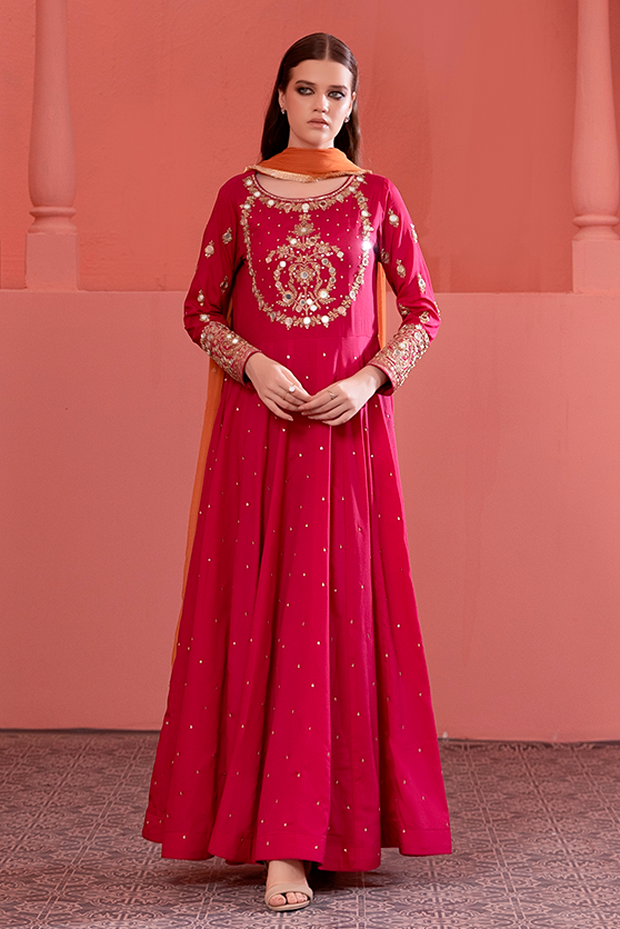 Pakistani Fuchsia Pink Embellished Crepe Silk Pishwas (3-Piece) - Image 2
