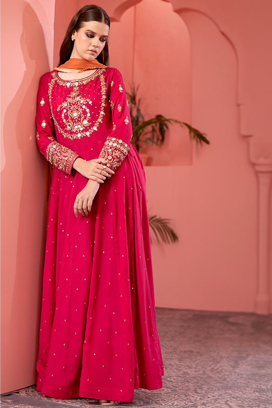 Pakistani Fuchsia Pink Embellished Crepe Silk Pishwas (3-Piece) - Image 3