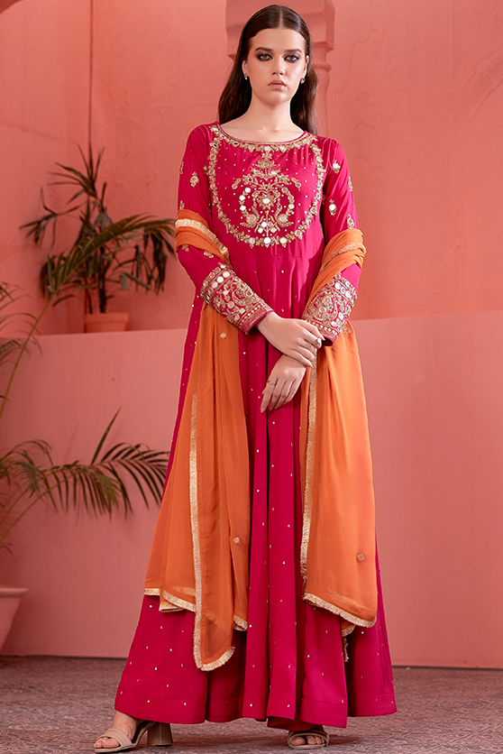 Pakistani Fuchsia Pink Embellished Crepe Silk Pishwas (3-Piece) - Image 4