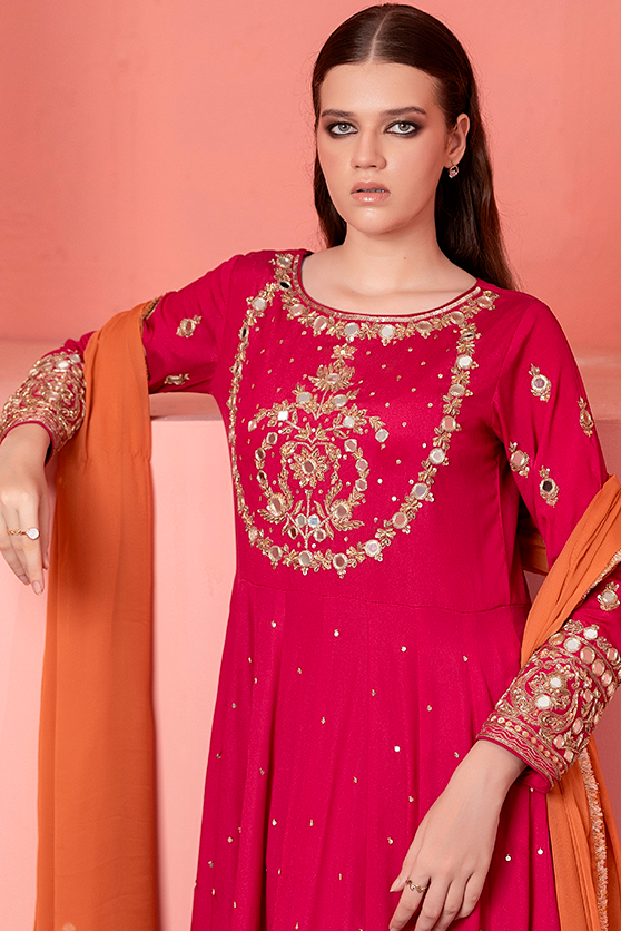 Pakistani Fuchsia Pink Embellished Crepe Silk Pishwas (3-Piece) - Image 6