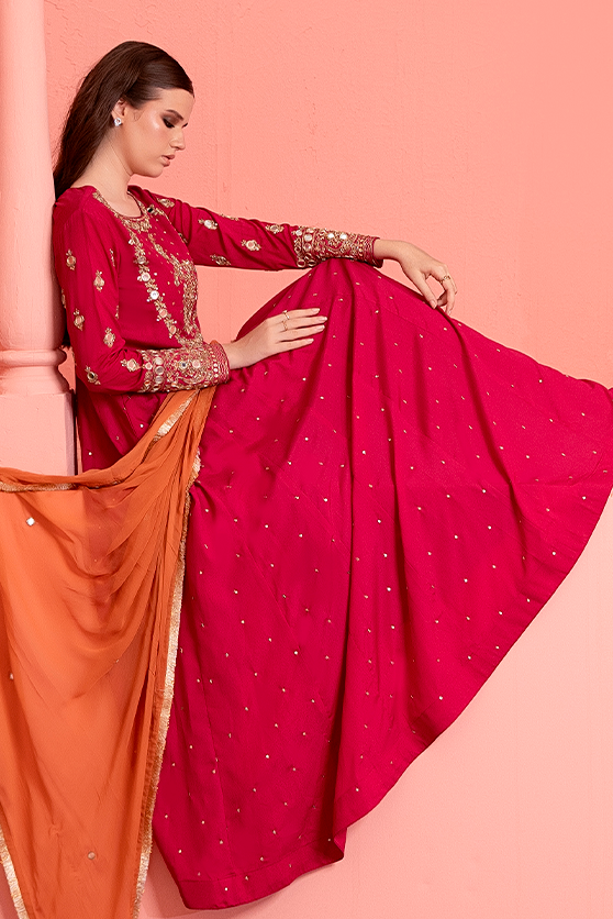 Pakistani Fuchsia Pink Embellished Crepe Silk Pishwas (3-Piece) - Image 7