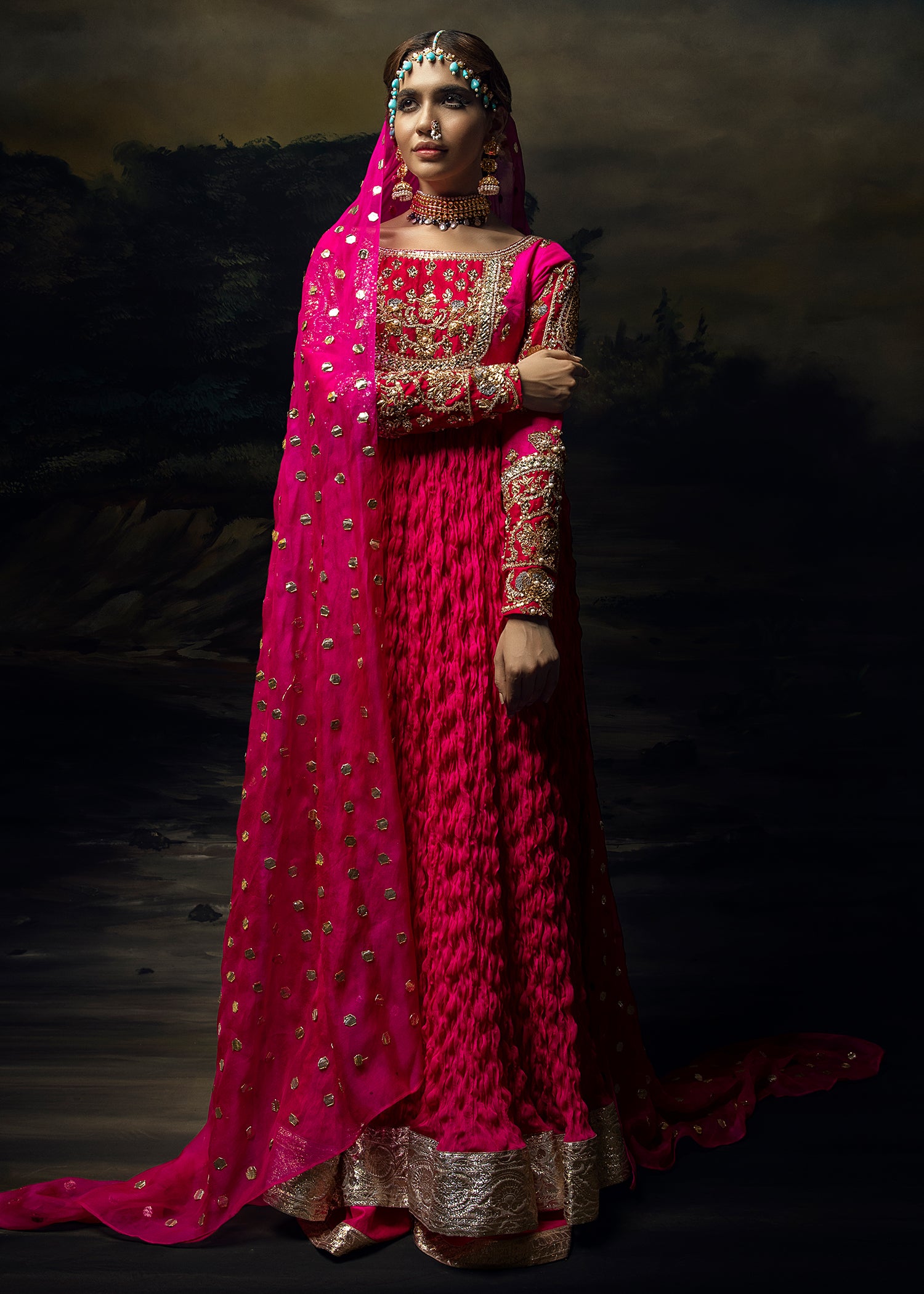 Shocking Pink Gold Embellished Crushed Pishwas (2-Piece) - Image 3